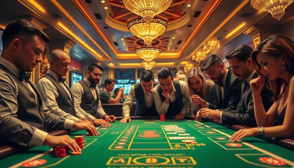 A lavish Baccarat table gleams under warm, golden lighting, inviting players to explore the latest strategies. The green felt surface stretches out, dotted with elegant casino chips in a spectrum of hues. Dealers in crisp uniforms stand ready, their faces exuding a mix of professionalism and anticipation. In the foreground, a group of players leans in, studying the cards with rapt attention, their expressions a blend of concentration and excitement. The atmosphere is one of sophisticated gaming, where the thrill of the cards is balanced by the ambiance of a high-end casino.