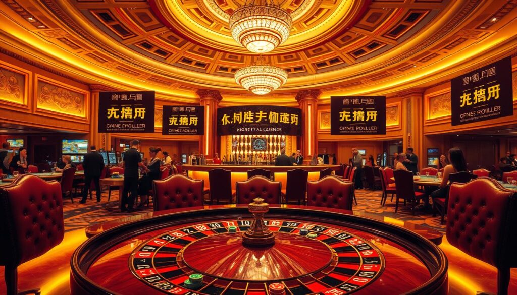 A lavish casino interior, bathed in warm, golden lighting. In the foreground, a large, ornate roulette table with a polished wooden surface, surrounded by plush, burgundy leather chairs. On the table, casino chips in a vibrant array of colors await players. In the middle ground, a curved bar with a marble countertop, where elegantly dressed patrons sip cocktails. The background features a grand, domed ceiling with intricate, gilded moldings, creating a sense of opulence and grandeur. Strategically placed promotional banners showcase the "百家樂獎金優惠" offer, enticing high-rollers with the promise of lucrative rewards. The overall atmosphere exudes sophistication, excitement, and the allure of high-stakes gambling.