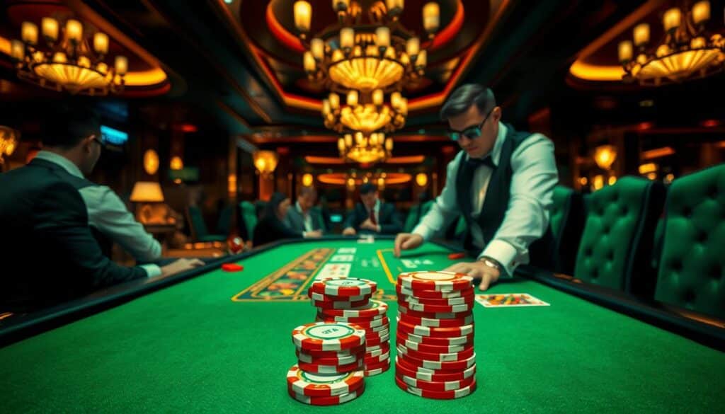 A lavish casino interior, dimly lit with a warm glow, showcasing an active game of Baccarat (百家樂) being played. The table is adorned with green felt, surrounded by players deeply engrossed in the game. The dealer, dressed in a crisp white shirt and black vest, skillfully deals the cards. In the foreground, a stack of casino chips sits prominently, representing the wagers and the application of betting management strategies. The background features ornate chandeliers and plush, velvet-upholstered chairs, creating an atmosphere of high-stakes excitement and strategic decision-making. The image conveys the essence of the section title, "賭金管理在百家樂中的應用," showcasing the importance of effective bankroll management in this popular casino game.
