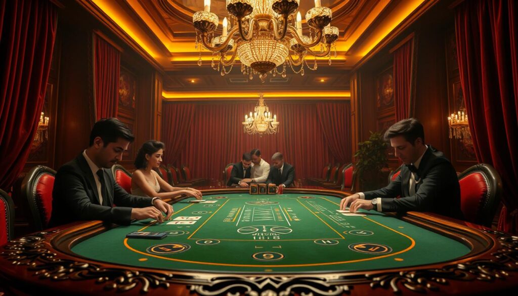 A lavish casino interior, dimly lit with warm amber lighting. The baccarat table takes center stage, its green felt surface reflecting the soft glow. Elegant players sit poised, focused expressions as they study their cards, applying strategic techniques. The table's edges are adorned with intricate wood carvings, evoking a sense of timeless tradition. In the background, a opulent chandelier casts a gentle shimmer, while plush velvet curtains frame the scene, creating an atmosphere of exclusivity and high-stakes gaming. The image conveys the essence of skilled, calculated play within the captivating ambiance of a classic casino setting.