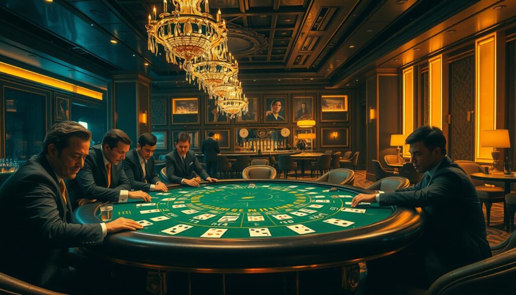 A lavish casino interior, dimly lit with warm, golden accents. In the center, a green-felted baccarat table is the focal point, adorned with elegant crystal chandeliers overhead. Around the table, sharply dressed high-rollers lean in, scrutinizing the cards as they are dealt, expressions of intense concentration on their faces. In the background, a luxurious lounge area with plush couches and a fully-stocked bar, where patrons sip cocktails and discuss strategies. The scene exudes an atmosphere of excitement, wealth, and the thrill of the game, capturing the essence of "百家樂遊戲大獎預測技巧".