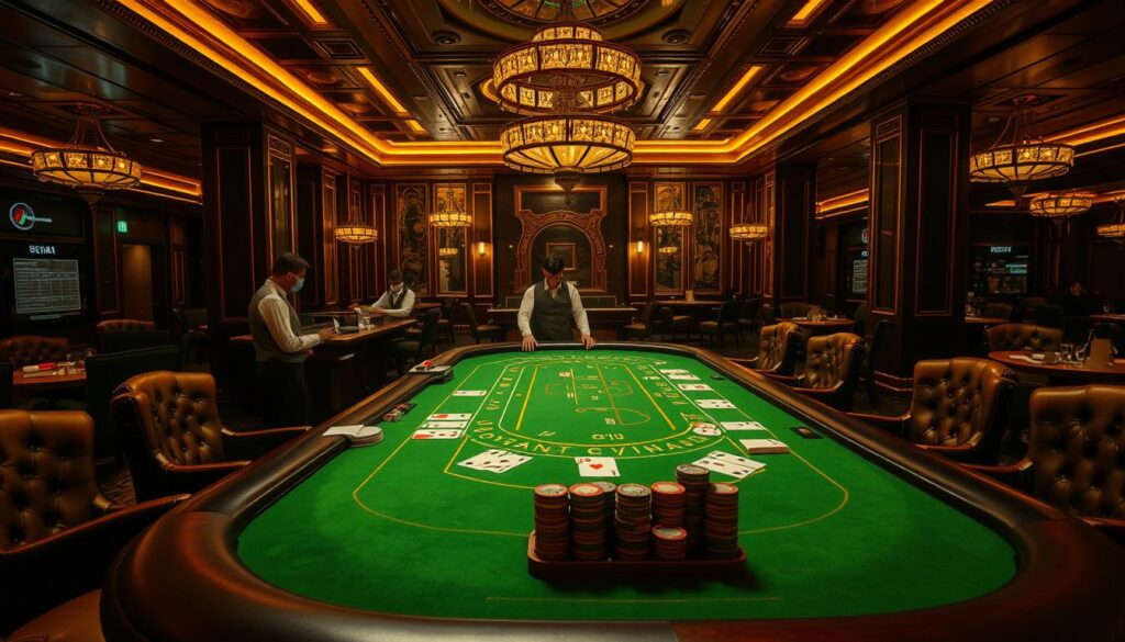 A lavish casino interior, dimly lit with warm, golden lighting. At the center, a large baccarat table, its green felt surface clean and inviting. Dealers in crisp uniforms stand ready, overseeing the intricate game of chance. Cards are dealt with precision, the subtle sounds of chips and cards creating a captivating ambiance. Surrounding the table, plush leather chairs and ornate decor evoke the elegance and allure of classic casino culture. The scene exudes an air of sophistication and excitement, hinting at the strategic depth and thrilling experience of the game of baccarat.