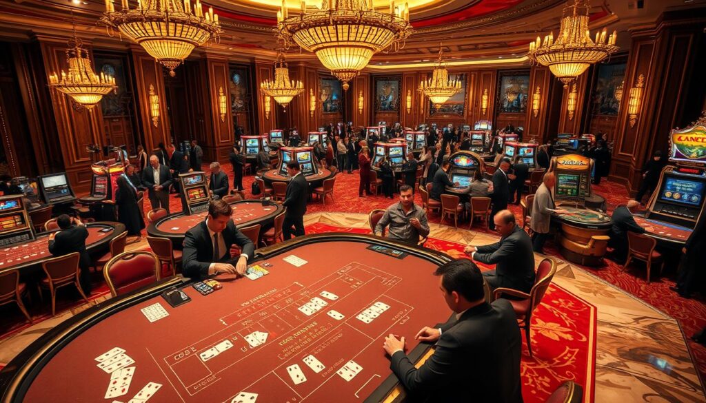 A lavish casino interior with a focus on the lucrative gaming tables. The foreground features a high-stakes baccarat table with cards, chips, and the intense expressions of players locked in a tense game. The middle ground showcases the casino's opulent decor - gilded chandeliers, marble floors, and ornate wall paneling. In the background, crowds of well-dressed patrons mingle around other gaming stations, creating an atmosphere of wealth, competition, and the house's calculated pursuit of profit. The lighting is warm and inviting, casting a seductive glow over the proceedings, hinting at the casino's carefully engineered allure and the house's systematic advantage.