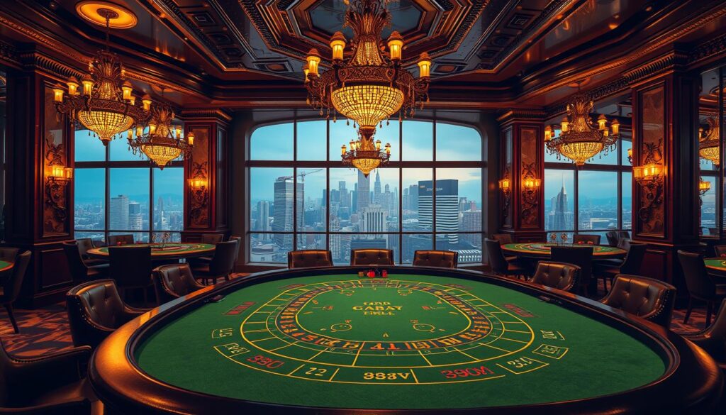 A lavish casino interior with a grand baccarat table as the focal point. The table is adorned with a green felt surface and surrounded by plush leather chairs. Ornate chandeliers cast a warm, golden glow, illuminating the intricate woodwork and marble accents that adorn the walls. In the background, a panoramic window offers a breathtaking view of a bustling city skyline. The atmosphere is one of sophistication and excitement, capturing the essence of the classic casino experience.