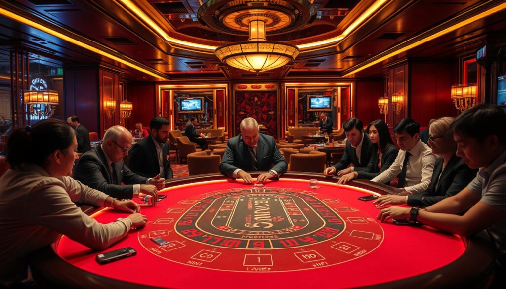 A lavish casino interior with a prominent baccarat table at the center, illuminated by warm, atmospheric lighting. The table is surrounded by smartly dressed players engrossed in the game, their faces a mix of concentration and anticipation. In the background, a luxurious lounge area with plush seating and elegant decor, creating a sense of exclusivity and high-stakes excitement. The overall scene conveys the thrill and allure of the baccarat gaming experience, hinting at the secrets and strategies that lead to winning the game.