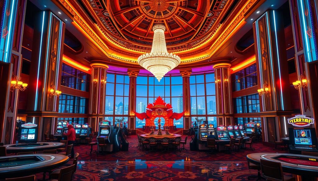 A lavish casino interior with a vibrant neon-lit ambiance, showcasing the RK Entertainment City's signature features. In the foreground, a stylish and modern gaming lounge with plush seating and high-end gaming tables. Mid-ground, a vast central atrium with a dazzling chandelier overhead, surrounded by gilded columns and ornate decor. The background reveals a panoramic view of the city skyline through floor-to-ceiling windows, creating a sense of opulence and luxury. Warm lighting from sconces and strategically placed spotlights accentuate the rich textures and details throughout, conveying an atmosphere of excitement and indulgence.