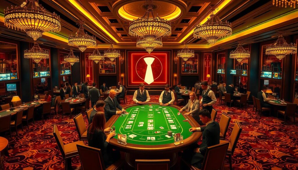 A lavish casino interior with ornate chandeliers and plush carpeting. In the center, a baccarat table is set with green felt, surrounded by smartly dressed players intently focused on the cards being dealt. Dealers in crisp white shirts and black vests stand at the ready, carefully explaining the rules of the game to newcomers. Amber lighting casts a warm glow over the scene, creating an atmosphere of sophisticated leisure. The background features the iconic symbols of baccarat - the banker, the player, and the tie - depicted in a stylized, minimalist manner. The overall composition conveys the allure and elegance of this classic casino game.