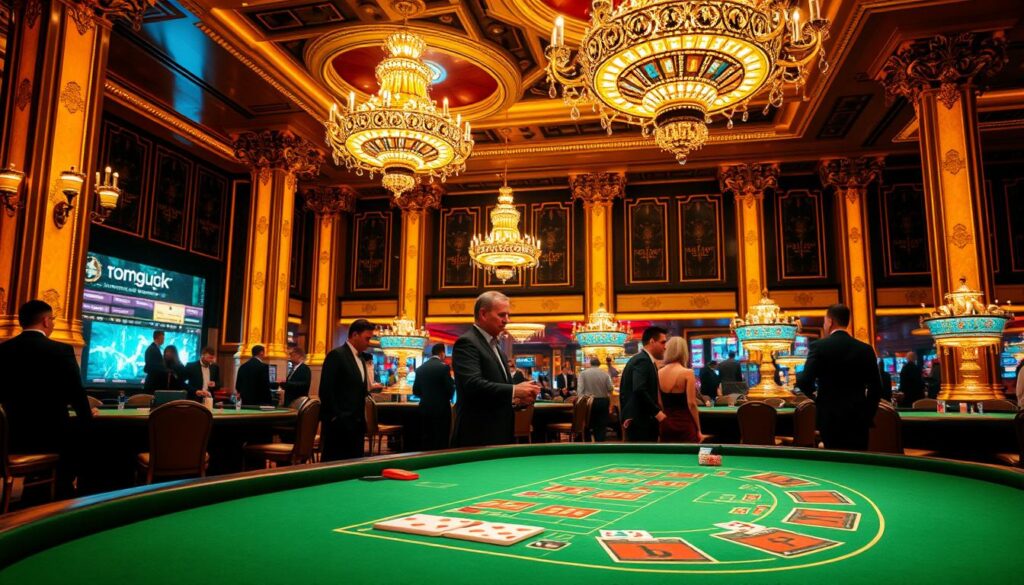 A lavish casino interior with warm, golden lighting. In the foreground, a baccarat table is the focal point, exuding an air of sophistication and excitement. The green felt surface is pristine, inviting players to indulge in the thrill of the game. In the middle ground, well-dressed patrons gather around the table, their expressions a mix of concentration and anticipation. The background showcases the grandeur of the casino, with elegant chandeliers, ornate columns, and a sense of opulence that transports the viewer to a world of high-stakes entertainment. The scene conveys the allure of baccarat, where the pursuit of luck and the promise of big payouts draw players to the tables.