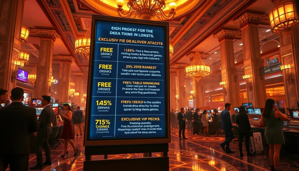 A lavish casino lobby, bathed in warm, golden lighting, adorned with ornate chandeliers and marble columns. In the foreground, a display showcases a range of enticing promotional offers - free drinks, discounted table minimums, and exclusive VIP perks. Smartly dressed casino hosts mingle with well-heeled patrons, inviting them to explore the thrilling world of baccarat and other high-stakes games. The atmosphere exudes an air of sophistication and excitement, drawing in the player's attention to the special events and incentives that make this casino a premier destination for the discerning gambler.