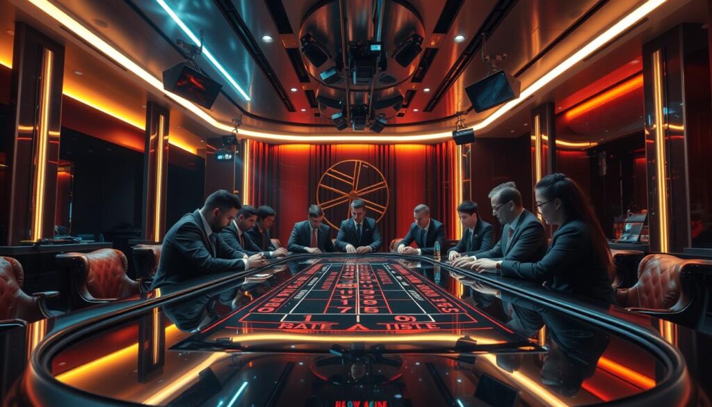 A lavish, high-end live dealer casino table set against a backdrop of sleek, modern architecture. The gleaming table is surrounded by smartly dressed players, enthralled by the thrilling gameplay. Dramatic overhead lighting casts a warm, inviting glow, while strategically placed cameras capture every exhilarating moment. The table's polished surface reflects the players' intense focus, heightening the sense of excitement. Plush, comfortable seating invites guests to settle in and fully immerse themselves in the captivating experience. The overall atmosphere exudes an air of exclusivity and luxury, drawing in discerning online casino enthusiasts seeking an immersive, premium gaming experience.
