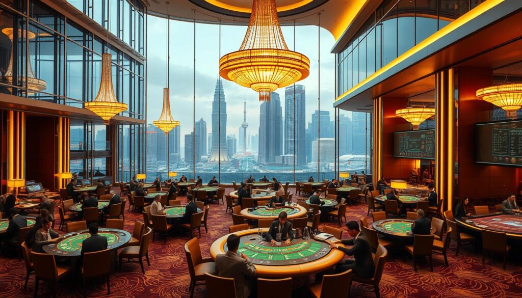 A lavish, state-of-the-art casino set against the backdrop of the Taiwanese skyline. The expansive, well-lit lobby features high ceilings, glass walls, and plush, modern furnishings. Elegant chandeliers cast a warm glow, drawing the eye towards the gaming tables where stylishly dressed patrons engage in high-stakes baccarat. In the distance, the gleaming towers of Taipei reach up towards the sky, creating a sense of grand opulence. The atmosphere is one of exclusivity and sophistication, catering to the discerning tastes of Taiwan's elite.
