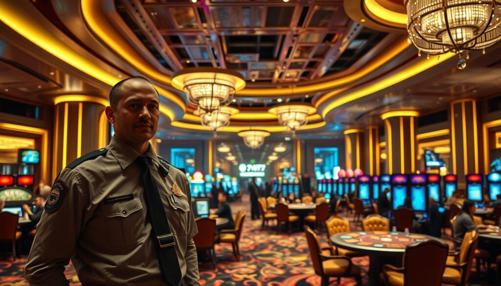 A lavish, well-lit casino interior with a sleek, modern design. In the foreground, a security guard in a crisp uniform stands vigilantly, exuding a sense of professionalism and dedication to maintaining a safe environment. The middle ground features plush chairs and gaming tables, with patrons engaged in animated play. The background showcases a panoramic view of the casino floor, highlighting the sophisticated ambiance and attention to detail in the architecture and decor. Soft, warm lighting creates a welcoming atmosphere, and the overall composition conveys a sense of luxury, security, and an exceptional gaming experience.