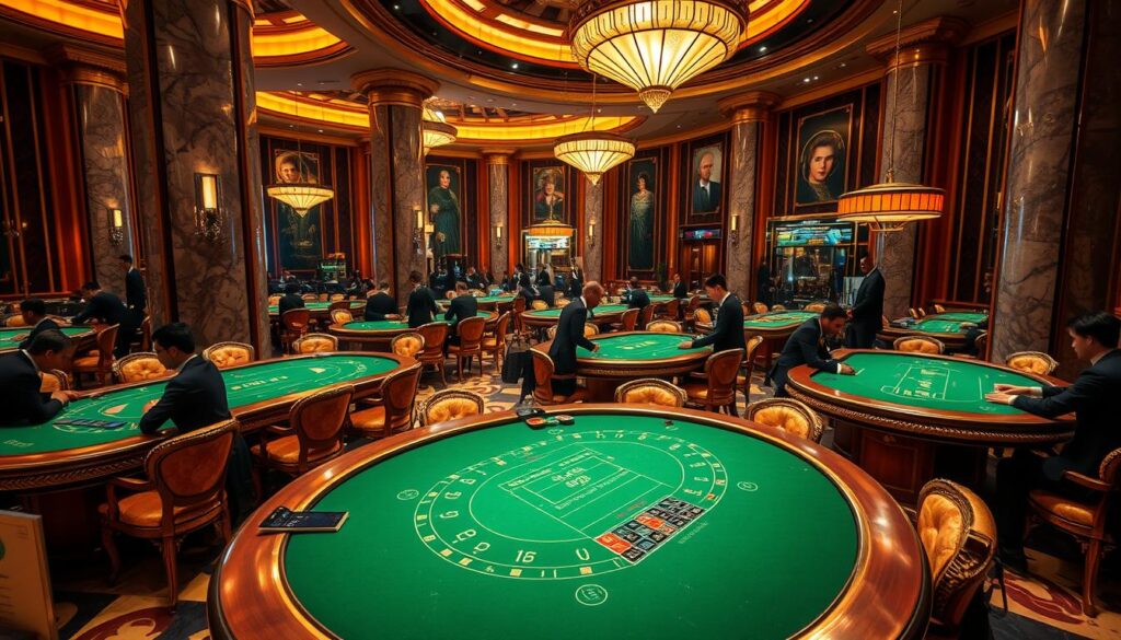 A lavishly appointed Baccarat casino floor, bathed in warm, ambient lighting and accented by the polished gleam of ornate tables. Elegant patrons in formal attire strategize their bets, their faces reflected in the glossy green felt surfaces. Towering marble columns and richly decorated walls set the sophisticated tone, while discreet dealers maintain the rhythm of the game. The space exudes an air of exclusivity and high-stakes excitement, inviting the discerning player to choose their lucky spot and immerse themselves in the intoxicating allure of this time-honored casino experience.