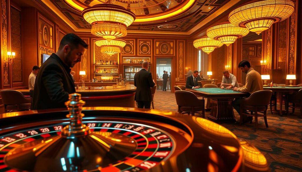 A lavishly appointed casino interior, bathed in a warm, golden light. The foreground features a roulette table, its polished surface reflecting the faces of focused gamblers. The middle ground showcases a bar area, with bartenders expertly mixing drinks against a backdrop of ornate, wood-paneled walls. In the distance, the silhouettes of high-stakes baccarat players can be seen, their expressions intense as they study the cards. The overall atmosphere conveys a sense of high-stakes excitement and anticipation, hinting at the strategic analysis of casino trends that informs the best betting strategies.