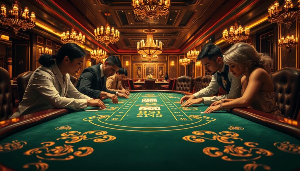 A lavishly decorated Baccarat table in a dimly lit, luxurious casino setting. The table is illuminated by warm, golden lighting, casting a rich, inviting atmosphere. Elegant, well-dressed players lean over the table, intensely focused on the cards being dealt. The table's green felt surface is adorned with intricate gold-embossed patterns, reflecting the high-stakes nature of the game. In the background, a hint of opulent chandeliers and plush, leather-upholstered chairs create a sense of exclusivity and sophistication. The image conveys the thrill and strategy of mastering the complex Baccarat game, highlighting the key skills needed to triumph in this classic casino experience.