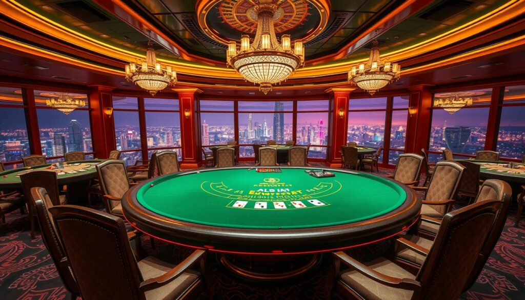 A lavishly decorated casino interior, with a plush green baize-covered baccarat table as the focal point. The table is surrounded by elegant, high-backed chairs, creating an exclusive, high-stakes atmosphere. Soft, warm lighting from ornate chandeliers casts a golden glow, while floor-to-ceiling windows offer a panoramic view of a bustling cityscape outside. The overall scene evokes an air of refined sophistication, hinting at the strategic intricacies and thrilling gameplay of the classic baccarat game within.