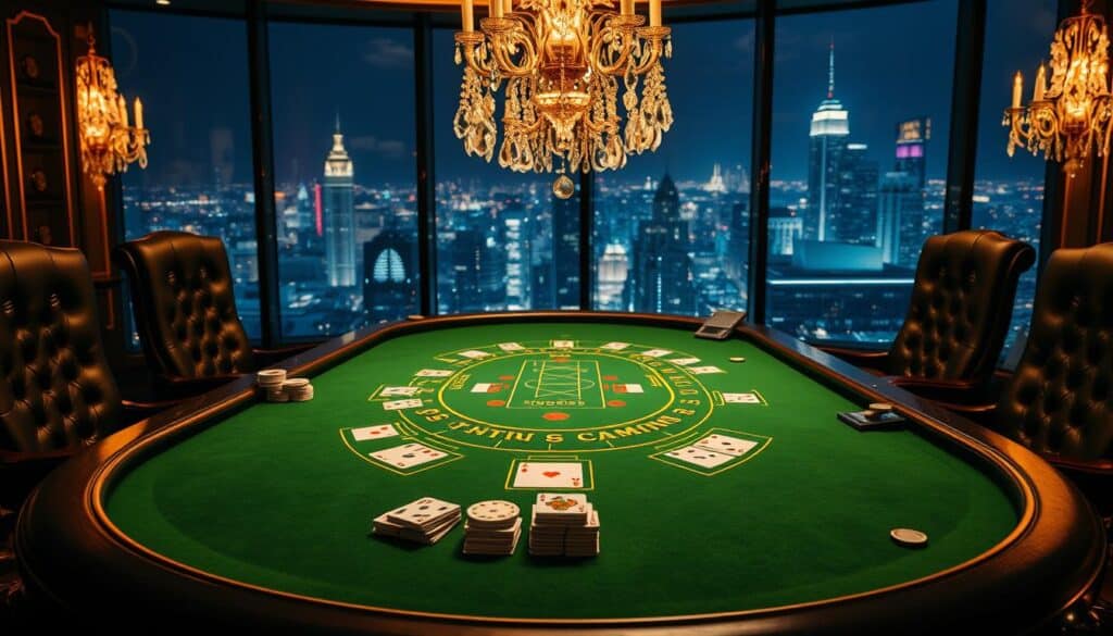 A lavishly detailed tabletop casino scene, featuring a green felt Baccarat table with a gold-trimmed layout. Elegant crystal chandeliers cast a warm, ambient glow, illuminating the table's polished wood edging and gilded accents. Cards and chips are neatly arranged, suggesting a game in progress. The table is surrounded by high-backed leather chairs, creating an intimate, exclusive atmosphere. In the background, a panoramic window offers a view of a bustling city skyline at night, further enhancing the sense of sophisticated grandeur. Carefully rendered textures, thoughtful lighting, and a refined color palette convey the timeless elegance of the classic casino experience.