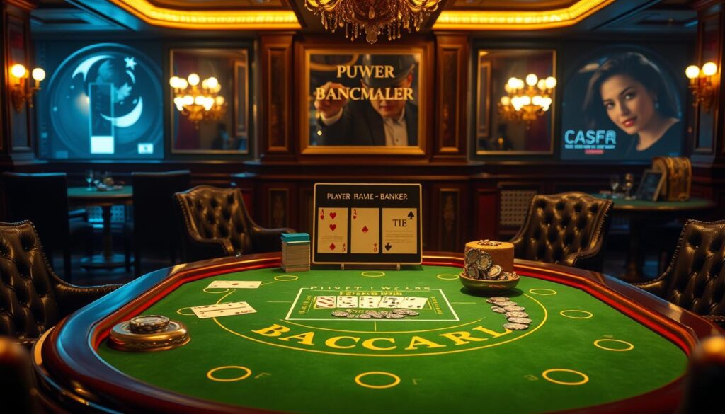 A lavishly detailed tabletop scene depicting the fundamental rules of Baccarat, a classic casino card game. The table is covered in a lush green felt, accented by the elegant wood trim and brass detailing. In the center, a dealer's area with a crystal-clear glass casino chip tray, shuffling cards, and a sign explaining the basic gameplay - player, banker, and tie bets. Surrounding the table, plush leather chairs and high-roller ambiance, with a dim, warm lighting evoking an exclusive, high-stakes atmosphere. The scene conveys the allure and sophistication of this time-honored casino pastime.