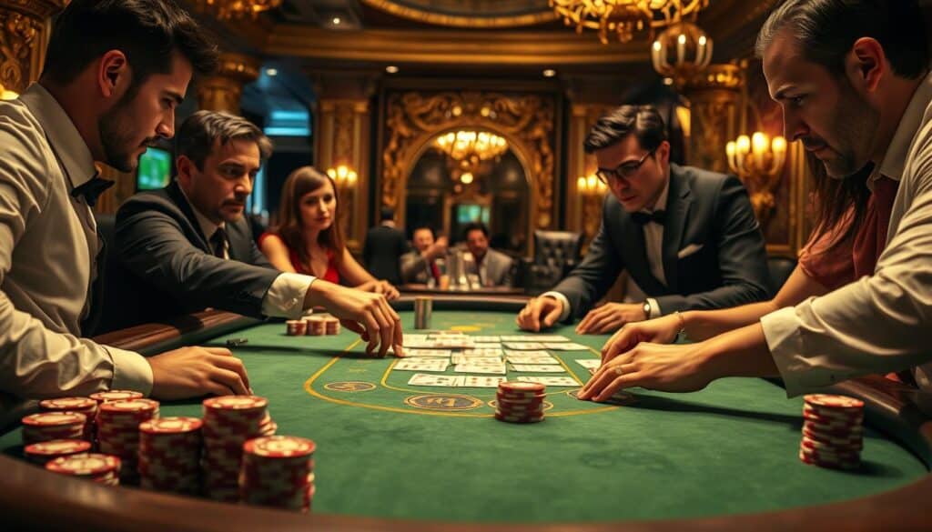 A lavishly detailed tabletop scene of a baccarat game in progress, captured with a wide-angle lens and dramatic studio lighting. The luxurious green felt table dominates the frame, its edges lined with stacks of casino chips in various denominations. Dealer's hands expertly deal the cards, while players lean in with rapt attention, expressions serious and focused. The ornate gold-embellished decor of the casino interior forms the atmospheric backdrop, evoking a sense of high-stakes excitement and potential wealth. Crisp shadows and highlights accentuate the textures of the materials, creating a sense of depth and three-dimensionality. The overall mood is one of concentration, strategy, and the thrilling allure of the game of baccarat.