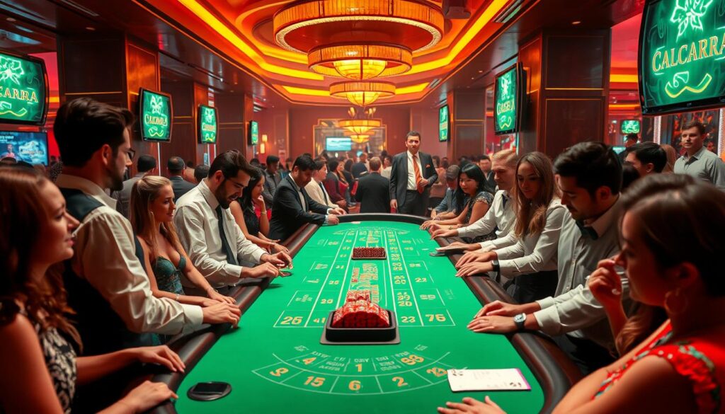 A lively casino scene, bathed in warm, ambient lighting. At the center, a glamorous real-life Baccarat table, draped in a vibrant green felt. Skilled dealers in crisp uniforms preside over the game, their every move precise and captivating. Surrounding the table, a diverse group of engaged players, their faces alight with anticipation and thrill. The atmosphere is electric, with a touch of sophistication - a perfect blend of excitement and elegance that captivates the senses. The camera angle slightly elevated, capturing the energy and energy of this beloved live Baccarat game in all its glory.