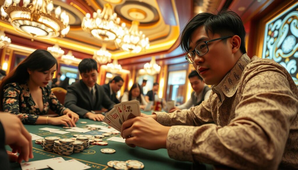 A lively casino scene with a central figure representing a Taiwanese gambler immersed in a game of baccarat. Intricate details of the gaming table, cards, and chips fill the foreground, creating a sense of intensity and focus. The middle ground features other players engaged in the game, their expressions conveying a range of emotions from excitement to concentration. The background showcases the opulent decor of a Taiwanese casino, with ornate chandeliers, plush furnishings, and a sense of grandeur. Warm lighting and a dynamic camera angle enhance the energetic atmosphere, capturing the thrill and experience of a Taiwanese player's baccarat journey.