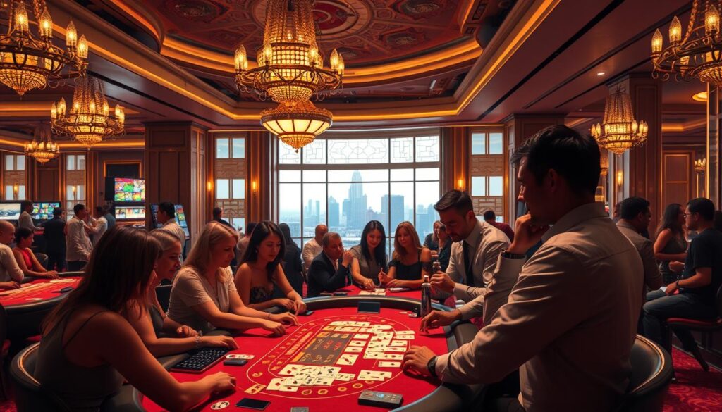 A lively casino scene with a vibrant atmosphere, showcasing the allure of baccarat. In the foreground, a group of players gathered around a baccarat table, their faces animated with excitement as cards are dealt. The middle ground features a bustling casino interior, with ornate chandeliers, plush carpets, and the subtle hum of conversations. In the background, a panoramic view of the city skyline through large windows, adding a sense of grandeur and sophistication. The lighting is warm and inviting, creating a cozy and inviting ambiance that captures the addictive charm of the popular baccarat game.