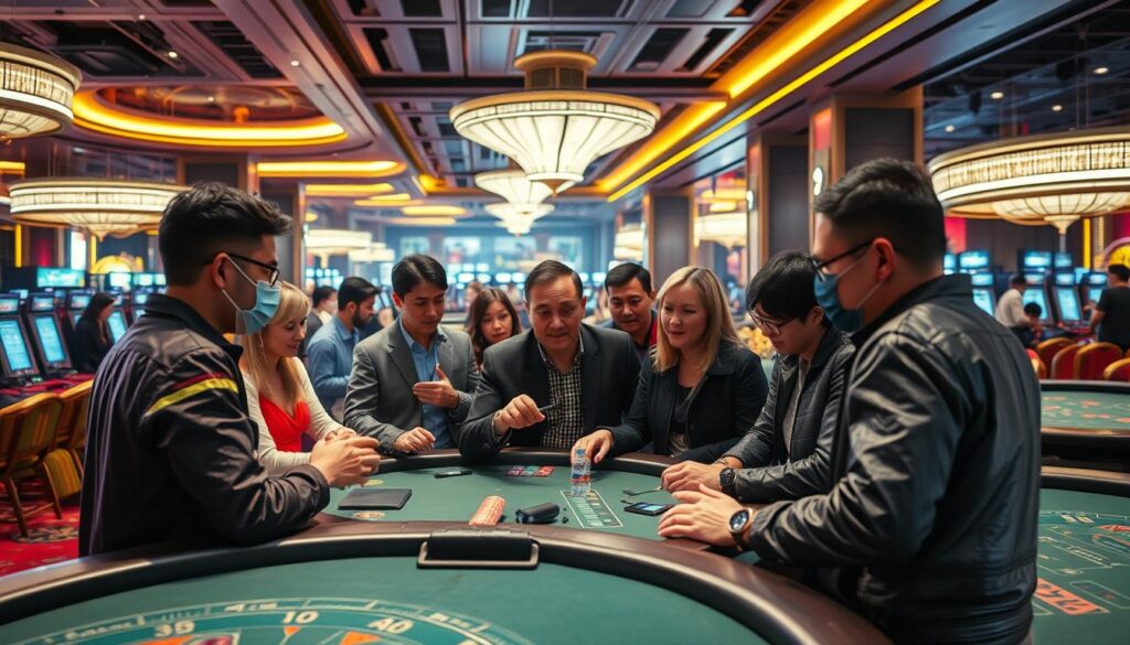 A lively discussion of popular baccarat gaming topics, set in a modern Asian casino environment. A central group of people engaged in animated conversation, surrounded by the glitz and glamour of the gaming floor - rows of baccarat tables, the warm glow of lighting, the energy and excitement of the casino atmosphere. The participants are a diverse mix of players, ranging from seasoned high-rollers to casual gamblers, all immersed in the thrill of the game and the lively exchange of ideas. A sense of anticipation and possibility fills the air, capturing the dynamic nature of the popular baccarat conversation.