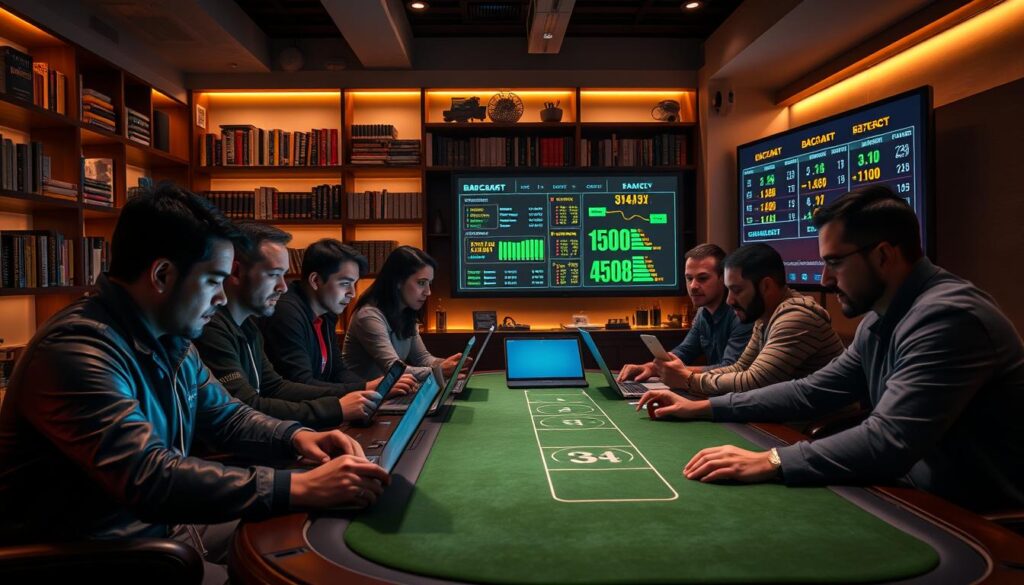 A lively gathering of online baccarat enthusiasts sharing tactical insights in a cozy, well-lit gaming lounge. In the foreground, a group of players engaged in animated discussions, their faces illuminated by the soft glow of laptop screens. The middle ground showcases a sleek, modern table with a green felt surface, inviting players to test their strategies. In the background, shelves brimming with gaming references and a large display screen showcase relevant statistical data, creating an atmosphere of collaborative learning. Warm lighting and neutral tones evoke a sense of camaraderie and intellectual stimulation, as the community explores the nuances of baccarat to enhance their gameplay.