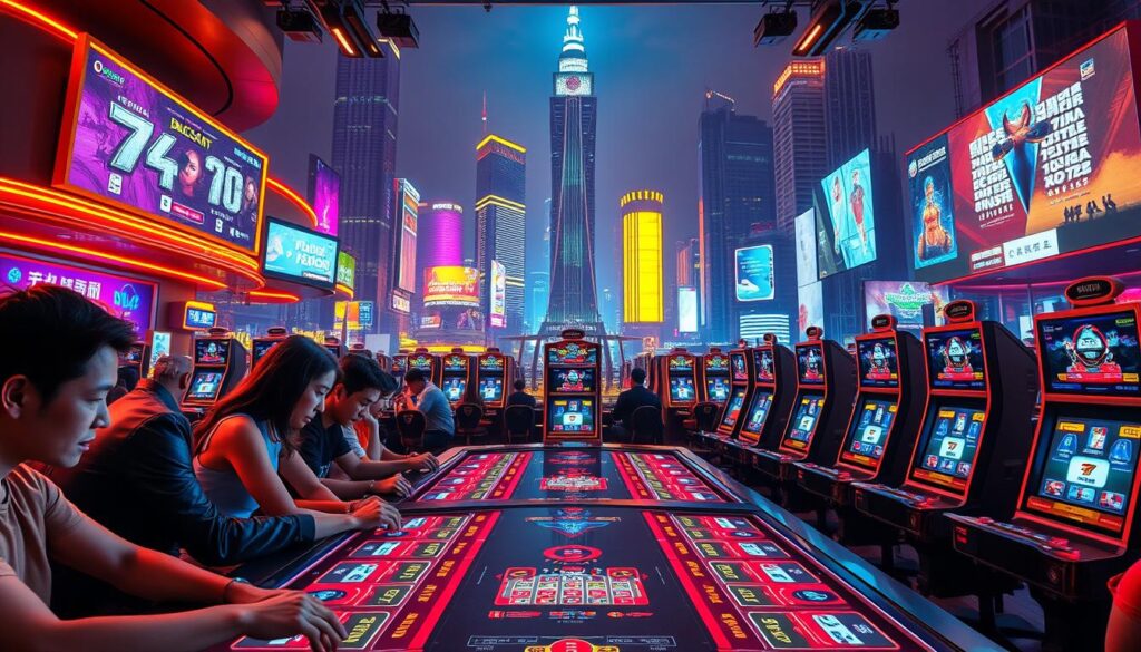 A lively online casino table set against a vibrant backdrop, illuminated by warm, atmospheric lighting. In the foreground, a group of players lean in, their faces alight with excitement as they interact with the virtual game interface. The middle ground features an array of sleek, high-tech gaming terminals, their screens displaying the iconic symbols and animations of the classic baccarat game. In the background, a cityscape of towering skyscrapers and neon-lit billboards creates a dynamic, urban setting, conveying the sense of a thriving, modern gambling industry. The overall scene captures the energy and allure of the rising popularity of online baccarat in the Taiwan market.