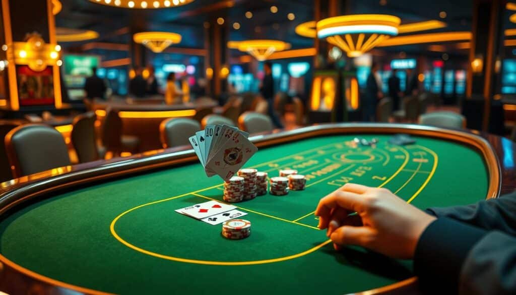 A lush and inviting casino table with a green felt surface, bathed in warm, golden lighting. The table is adorned with elegant wooden trim and features a clear, glass-topped display showcasing the classic baccarat cards and chips. In the foreground, a dealer's hands elegantly shuffle and deal the cards, creating an air of anticipation. The background is softly blurred, hinting at the bustling atmosphere of the casino beyond. The overall scene exudes an air of sophistication and excitement, perfectly capturing the essence of the baccarat gaming experience.