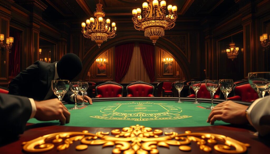 A lush, casino-themed scene showcasing the classic Baccarat game. In the foreground, a green felt table takes center stage, with ornate golden trimmings and elegant crystal glassware. Shadowy figures lean over the table, their faces obscured by the soft lighting, creating an air of mystery and anticipation. In the middle ground, opulent chandeliers cast a warm, amber glow, illuminating the rich, wood-paneled walls and plush, burgundy upholstery. The background features a sweeping, curtained archway, hinting at the grandeur of the surrounding casino. The overall atmosphere is one of sophistication, tradition, and the allure of high-stakes gambling.