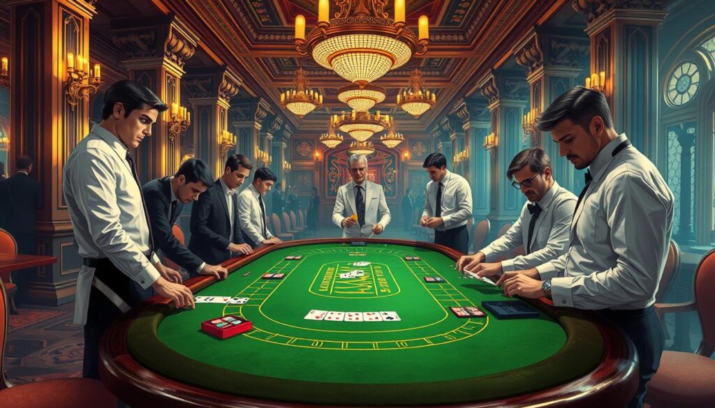 A lush, detailed illustration of the classic casino game "Baccarat". A green-felt gaming table is the centerpiece, surrounded by stately casino architecture with ornate columns and chandeliers casting a warm, golden glow. Croupiers in crisp white uniforms stand ready, as players in formal attire lean in, scrutinizing their cards. The scene exudes an air of elegance and high-stakes excitement, perfectly capturing the essence of this time-honored game and its fundamental rules.
