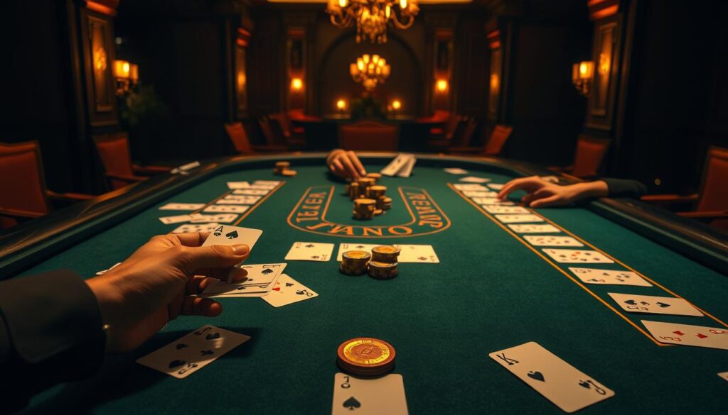 A lush, detailed tabletop scene depicting the classic Baccarat card game. The table is covered in a deep green felt, with crisp white cards and gleaming gold dealer chips arranged in an orderly fashion. Warm, directional lighting casts dramatic shadows, creating a sophisticated, casino-inspired ambiance. In the foreground, the dealer's hands are visible, dealing the cards with practiced precision. The middle ground features the player's area, with hands holding cards and casino chips neatly stacked. In the background, a luxurious, dimly lit environment with subtle architectural details sets the scene, conveying a sense of exclusivity and high-stakes gameplay.