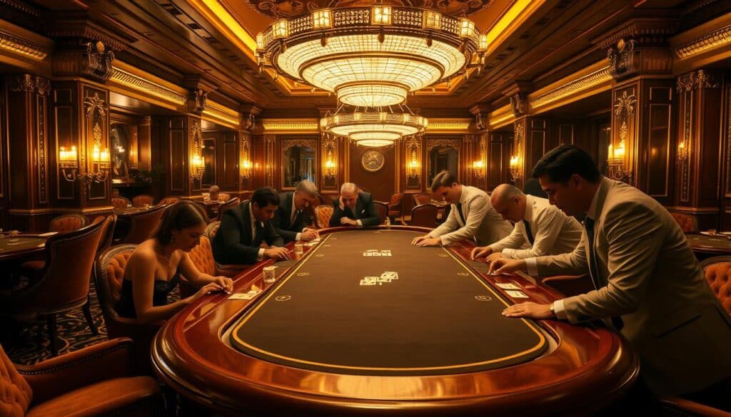 A lush, ornate casino interior in the iconic Monte Carlo style. Gilded chandeliers illuminate plush velvet armchairs and a long mahogany table, the focal point of the scene. Elegant guests in formal attire lean over the table, studying the cards intently as they place their bets. The room is bathed in a warm, golden light, creating an atmosphere of sophistication and high-stakes excitement. The scene conveys the allure and prestige of classic casino gambling, the players fully immersed in the thrill of the Monte Carlo strategy.