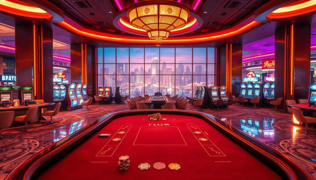 A lush, vibrant casino interior with a central baccarat table in the foreground, surrounded by sleek modern furniture and plush, dimly-lit ambiance. The table is adorned with elegant felt lining and high-quality gaming chips, inviting players to immerse themselves in the thrilling online baccarat experience. The middle ground features a panoramic view of the casino floor, showcasing the energetic atmosphere of the gaming tables and slot machines. In the background, a wall-to-wall window overlooks a stunning skyline, bathed in the warm glow of the city lights. The overall scene conveys the sophisticated, yet accessible allure of online baccarat, highlighting its convenience and excitement.