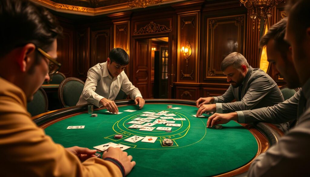 A lush, vibrant casino table with a green felt surface, surrounded by ornate wooden panels and golden accents. The dealer, in a crisp white shirt, deals the cards with precision, creating an atmosphere of excitement and anticipation. Soft, warm lighting casts a glow over the scene, highlighting the intricate details of the table's design. The players, their faces partially obscured, lean forward intently, their expressions a mix of concentration and eagerness. The overall composition conveys the allure and sophistication of the classic Baccarat game.