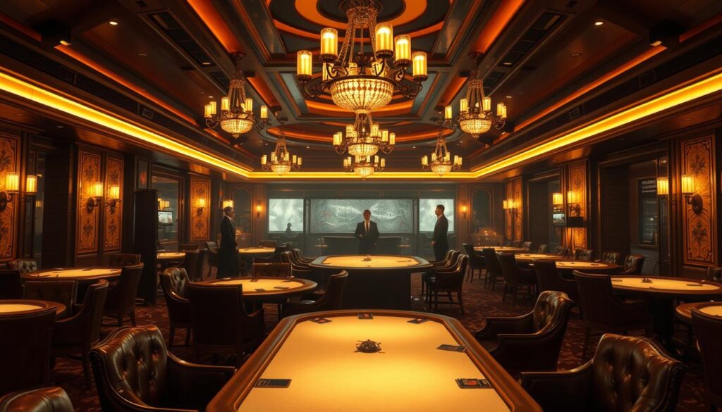 A luxurious Baccarat casino interior, dimly lit with warm, golden tones. The elegant tables are pristine, felt surfaces inviting players to try their luck. Ornate chandeliers cast a soft, ambient glow, while plush leather chairs surround the tables, hinting at the high-stakes thrills to come. In the background, discreet staff members stand ready to assist discerning clientele, their attentive presence adding to the air of exclusivity. The scene exudes a sense of sophistication and anticipation, a professional gambling haven where fortunes can be won or lost with a roll of the dice.