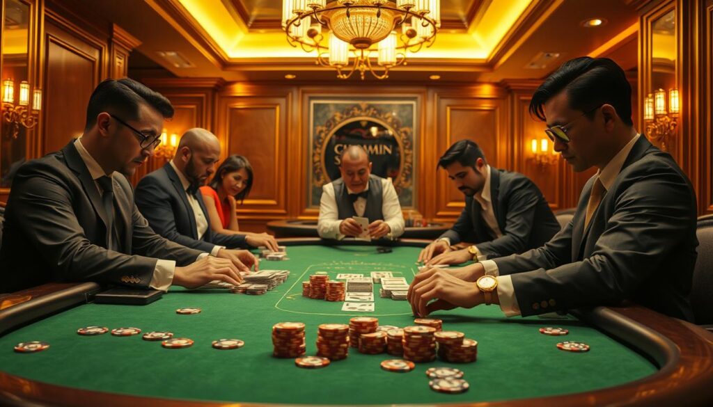 A luxurious Baccarat table set in a high-end casino, illuminated by warm, golden lighting. The green felt surface gleams, dotted with piles of casino chips in various denominations. Elegant, wood-paneled walls create a refined, sophisticated ambiance. In the foreground, a dealer's hands expertly shuffle a deck of cards, while players lean in, their faces focused and intent, ready to place their bets on the outcome. The table is framed by ornate, gilded accents, conveying the timeless elegance and allure of this classic casino game.