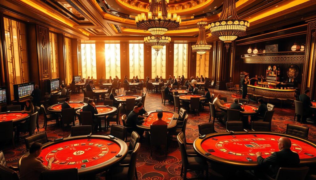 A luxurious Macau casino interior, bathed in warm, golden light filtering through floor-to-ceiling windows. The main gaming floor features rows of gleaming baccarat tables, each surrounded by well-dressed patrons intently focused on the cards. Plush leather chairs line the tables, and ornate chandeliers hang overhead, casting a sophisticated ambiance. In the background, a high-end bar serves elegant cocktails, and a live string quartet plays gentle, melodic tunes. The overall atmosphere exudes an air of exclusivity, wealth, and the thrill of high-stakes gambling.