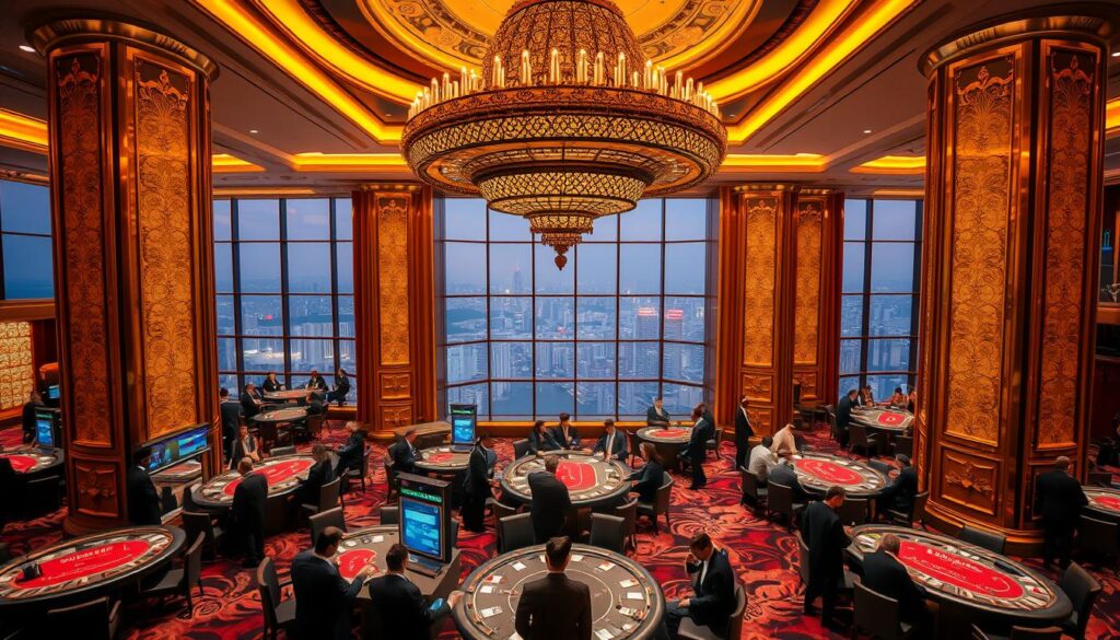 A luxurious Macau casino interior, with an ornate chandelier casting a warm glow over the gaming tables below. Gilded columns and plush carpets create an atmosphere of high-stakes elegance. Smartly dressed dealers and patrons gather around the baccarat tables, intensely focused on the cards being dealt. The background features a panoramic view of the city skyline visible through large windows, hinting at the thriving gambling hub. Ambient lighting and reflective surfaces lend a sense of sophistication to the scene, capturing the essence of a premier baccarat casino experience.