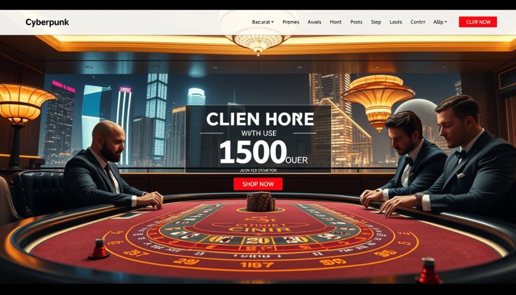 A luxurious and sophisticated online casino website, with a sleek and modern user interface. The foreground showcases a gameplay scene of the iconic Baccarat card game, with players seated around a polished table, their expressions intense as they make strategic bets. The middle ground features a banner highlighting the casino's promotional offerings, while the background depicts a cityscape of gleaming skyscrapers, hinting at the excitement and energy of the urban gambling scene. The lighting is soft and inviting, creating a sense of high-end ambiance, and the camera angle offers a dynamic, three-quarter view that draws the viewer into the immersive experience. The overall mood is one of elegance, exclusivity, and the thrill of high-stakes gaming.