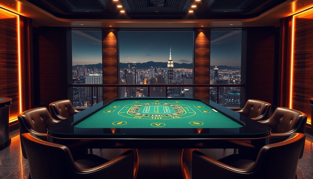A luxurious baccarat gaming platform set against a sleek, modern backdrop. In the foreground, a glass-topped table with a green felt surface, illuminated by warm, golden lighting. Surrounding the table, plush leather chairs and high-end decor evoke an air of sophistication. In the middle ground, wall panels of dark wood and brushed metal create a sense of depth, while strategically placed spotlights cast a subtle, atmospheric glow. The background features a panoramic city skyline, with the twinkling lights of high-rise buildings and the distant silhouette of mountains, conveying a sense of urban opulence. The overall scene exudes an aura of exclusivity, inviting the viewer to experience the pinnacle of online baccarat gaming.