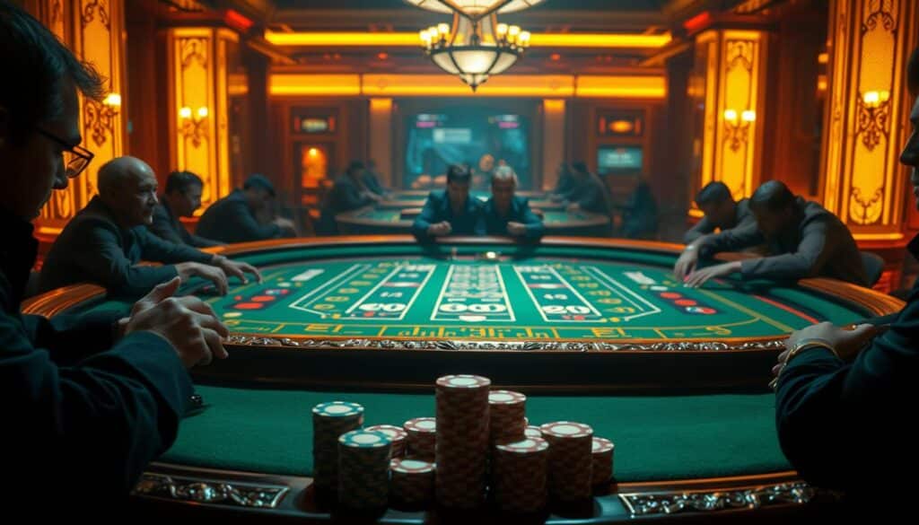 A luxurious baccarat table set against a backdrop of a dimly lit casino interior. The table is illuminated by warm, golden lighting, casting a soft glow on the green felt surface. Intricate carved wooden details adorn the table's edges, exuding a sense of elegance and sophistication. In the foreground, stacks of casino chips in various denominations are neatly arranged, hinting at the high-stakes nature of the game. Surrounding the table, shadowy figures of players lean in, their expressions focused as they place their bets. The overall atmosphere is one of strategic contemplation and the thrill of the game.