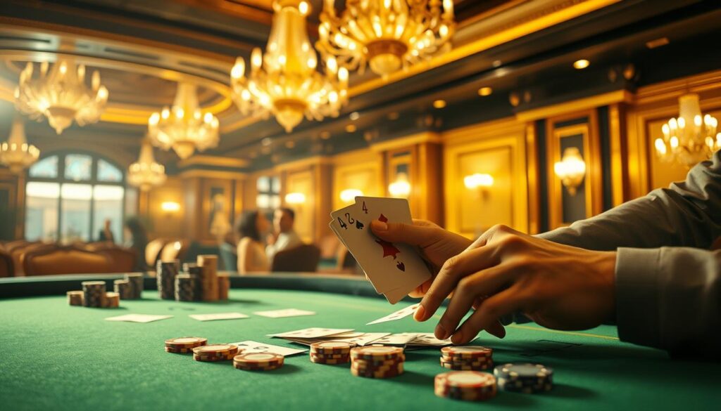 A luxurious casino interior bathed in warm, golden light. On a green felt table, playing cards and casino chips are meticulously arranged, signifying the strategic elements of Baccarat gameplay. In the foreground, a pair of experienced hands carefully manipulate the cards, showcasing the precise techniques and decision-making prowess of a skilled Baccarat player. The background features opulent chandeliers, plush furnishings, and the subtle hum of activity, creating an atmosphere of elegance and high-stakes gaming. The scene captures the essence of Baccarat mastery, where calculated risks, probability, and disciplined strategy converge to elevate the player's chances of success.