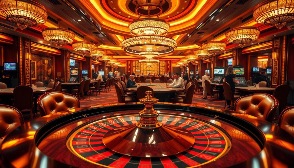 A luxurious casino interior bathed in warm, golden lighting. A large, elegant roulette table takes center stage, surrounded by plush leather chairs and gilded accents. In the foreground, the dealer's hands expertly manipulate the spinning wheel, creating an air of anticipation. In the background, glimpses of other gaming tables can be seen, with players engrossed in the excitement of the games. The overall atmosphere is one of sophistication, wealth, and the thrill of high-stakes gambling.