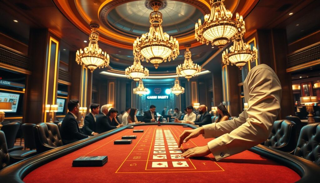 A luxurious casino interior, bathed in warm, golden lighting. In the foreground, a professional live dealer, dressed in a crisp, tailored uniform, presides over a felt-covered baccarat table, their hands gracefully dealing the cards. Behind them, the table is surrounded by elegantly dressed players, their faces alight with anticipation. In the background, ornate chandeliers hang from a high, domed ceiling, and plush, leather-upholstered chairs line the perimeter, creating an atmosphere of exclusivity and sophistication. The scene conveys the excitement and elegance of the live baccarat experience, inviting the viewer to imagine themselves as part of this high-stakes, VIP gambling environment.