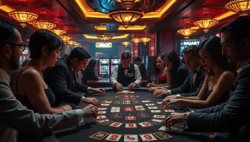 A luxurious casino interior, dimly lit with warm, ambient lighting. At the center, a baccarat table is illuminated, inviting players to test their luck. Experienced croupiers stand ready, their hands skillfully handling the cards. Surrounding the table, elegant patrons lean in, their faces etched with concentration as they contemplate their next strategic move. The air is charged with anticipation, the promise of potential winnings palpable. In the background, the faint sounds of slot machines and clinking glasses add to the allure of the high-stakes gaming experience. This scene captures the essence of an effective baccarat betting strategy - calculated risk, acute observation, and the thrill of the game.