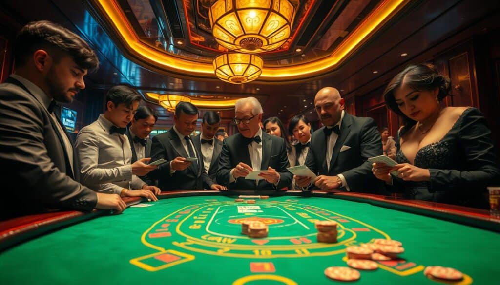 A luxurious casino interior, dimly lit with warm, golden hues. Polished mahogany tables, green felt surfaces, and the gleam of casino chips and cards in the spotlight. Elegant patrons in formal attire gather around the baccarat table, their faces intense with concentration as they study the dealt cards. A sense of anticipation and excitement permeates the scene, capturing the essence of the classic game of百家樂. Wide-angle lens captures the full table and surrounding environment, showcasing the grandeur and allure of this iconic casino setting.