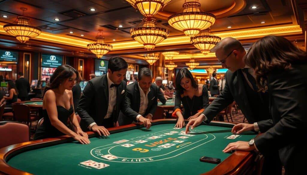 A luxurious casino interior, dimly lit with warm, golden lighting. A baccarat table takes center stage, its green felt surface inviting players to gather around. Elegant, well-dressed individuals lean in, focused on the cards being dealt by a skilled croupier. The table is adorned with subtle, Art Deco-inspired details, reflecting the sophisticated atmosphere of the establishment. In the background, glimpses of other gaming tables and the bustling energy of the casino can be seen, creating a sense of immersion in the world of high-stakes gambling. The image captures the allure and excitement of the baccarat experience, showcasing the fundamental rules and etiquette of this timeless casino game.