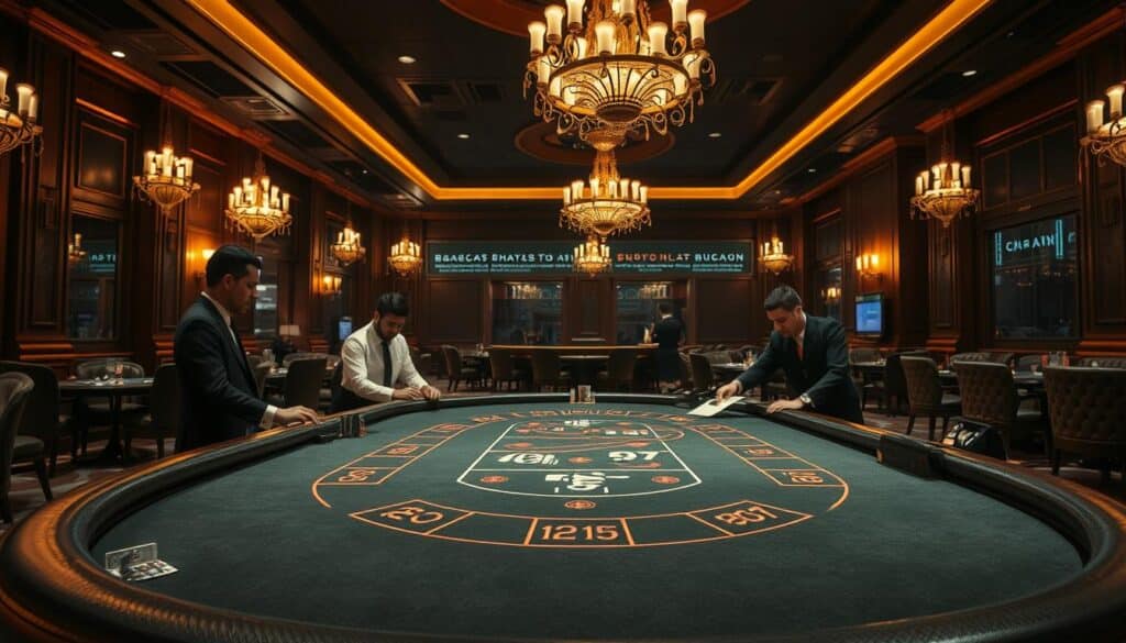 A luxurious casino interior, dimly lit with warm, golden lighting. At the center, a felt-topped baccarat table with a curved edge, inviting players to participate in the timeless game of 百家樂. Dealers in crisp uniforms stand ready, their movements precise and practiced. Cards are dealt, chips are placed, and the suspense builds as the game unfolds. In the background, ornate chandeliers cast a soft glow, while plush leather chairs and rich wood paneling evoke a sense of exclusivity and sophistication. A high-stakes tableau, where fortunes are won and lost in the blink of an eye.